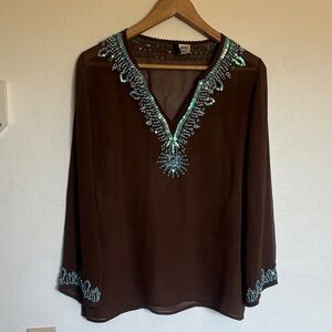 Elegant Brown Tunic with Blue Embellishments